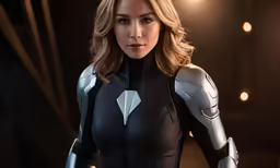 a beautiful woman in a suit in the dark