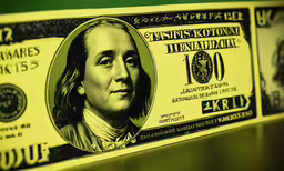 a photograph of a one hundred dollar bill,a stack of money on a table is lit up