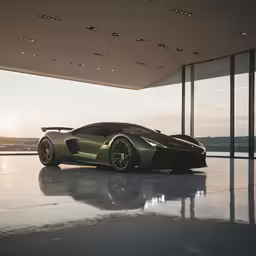 the sports car is parked inside the building