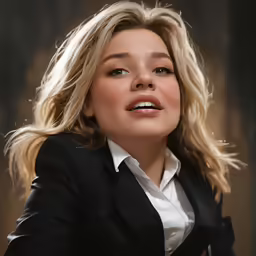 a woman with blond hair and wearing a black suit