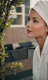 a woman in a white head towel sits on a bench