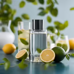 a bottle and glass with some limes