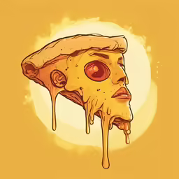 a piece of pizza with eyes and melted cheese