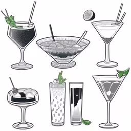glasses filled with various types of alcoholic beverages,a series of cocktails and beverages in glasses
