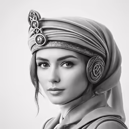 black and white photograph of woman wearing head piece