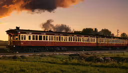 a train is going down the track and some people are watching,the train is red with yellow and white cars