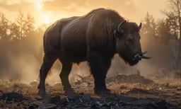 a large buffalo with horns walking across a field