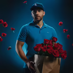 a man in blue shirt holding a brown paper bag with flowers