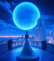 a woman is looking over a city at a big blue moon