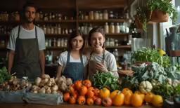 two young women standing in front of a table with lots of vegetables