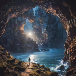 a man standing inside of a cave on top of a body of water