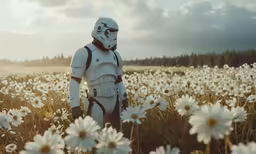 a person in the middle of some daisies