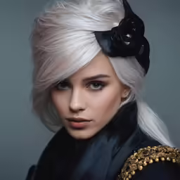 a close up of a person with white hair