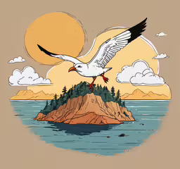 a bird flying over an island in the middle of the ocean,the bird is flying over the island on a sunny day