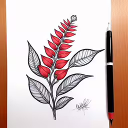 the design for a flower is designed with ink,a painting that looks like red flowers and leaves,this is an ink drawing that i made of a tropical flower,a drawing of a red flower on white paper,some sort of artwork with some flowers on it