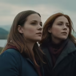 two women standing next to each other in the middle of a field
