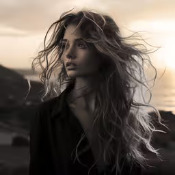 a woman with long hair standing in front of the sunset,a woman with long hair is staring in the distance