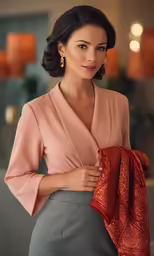 a woman wearing a pink top and grey skirt