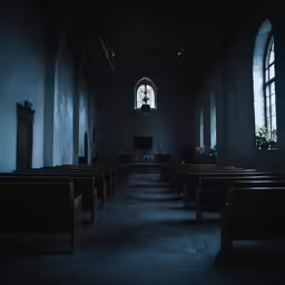 dimly lit church pews in an empty cathedral