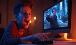 a boy sitting in front of a computer and looking at a movie screen