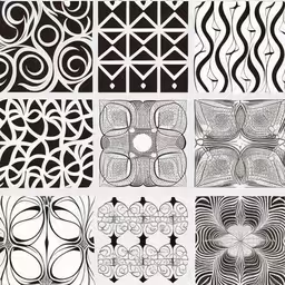 a bunch of different black and white images,a set of 6 black and white hand drawn patterns in various styles