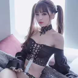 a woman with black bra and underwear on sitting on the bed