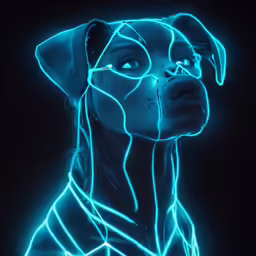a dog in neon light on black background