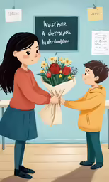 a little boy holding flowers next to a little girl