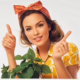 the woman is pointing up her hand and smiling