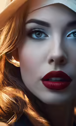 a woman with a hat and makeup looks very beautiful