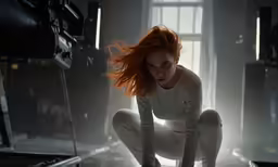 a person squatting in front of a mirror, posing for the camera