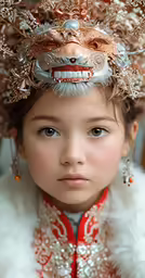 a young girl wearing some fancy garb and a fur coat
