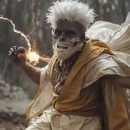 a man with white face paint and his face paint looks like an indian holding a sparkler