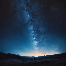 the night sky with stars above a mountain range and a man standing alone