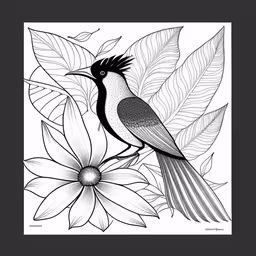 a black and white bird sits on a flower,an illustration of a bird on some flowers