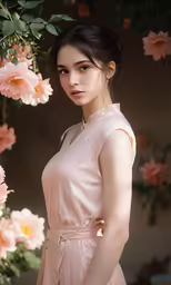 a beautiful young lady wearing a pink dress near flowers