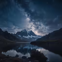 a large mountain with a lake in front of it under a cloudy night sky