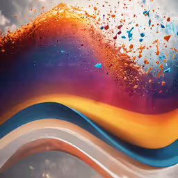 a large wall mural of various colored shapes,a colorful background is shown with clouds and water