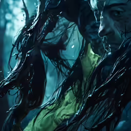a young man with flowing hair in a dark forest