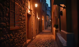 a narrow street with cobblestones and a lantern light on each side