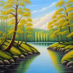 painting of a beautiful landscape with stream surrounded by trees,painting with water and trees near mountains with rocks