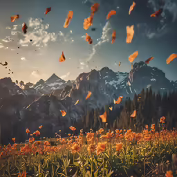lots of flowers and a mountains range in the background