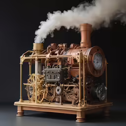 a steam locomotive on wheels moving with steam coming out