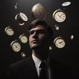 a man in a suit standing between many clocks