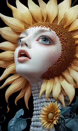 a woman with a very big sunflower on her face