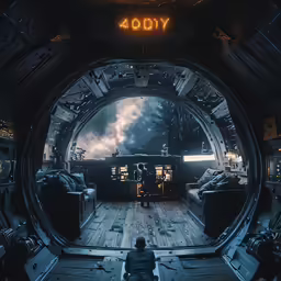 a man sits in the sci - fi museum while looking into the portal