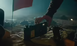 a person reaching towards a camera in front of a flag
