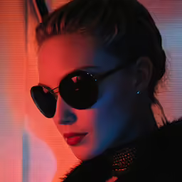 a woman is wearing black sunglasses near a white wall
