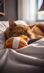 an orange cat sleeping on top of a bed