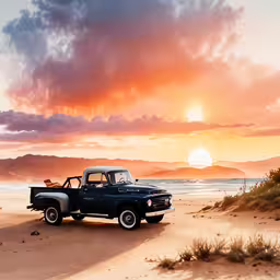 a truck parked on the beach during sunset,the pick up truck is on the beach near the ocean